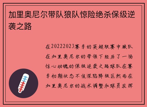 加里奥尼尔带队狼队惊险绝杀保级逆袭之路
