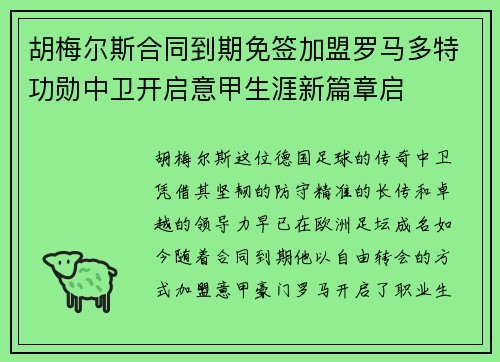 胡梅尔斯合同到期免签加盟罗马多特功勋中卫开启意甲生涯新篇章启 胡梅尔斯合同到期免签加盟罗马多特功勋中卫开启意甲生涯新篇章启